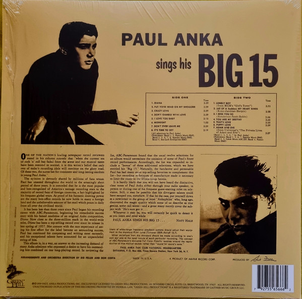 PAUL ANKA - PAUL ANKA SINGS HIS BIG 15 - Imagen 2