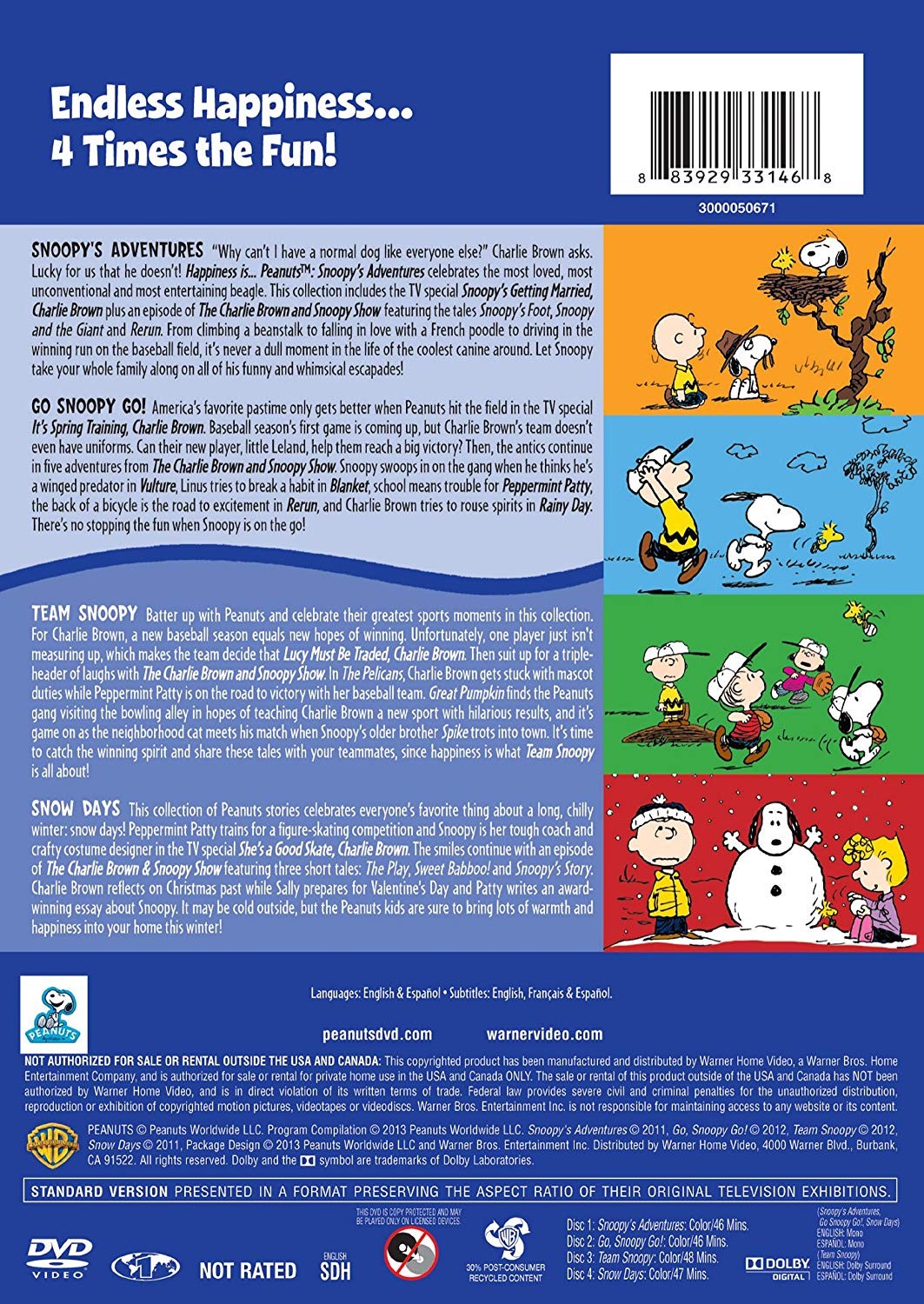4 KID FAVORITES - HAPPINESS IS PEANUTS - SNOOPYS ADVENTURES / GO SNOOPY GO / TEAM SNOOPY / SNOW DAYS - Imagen 2