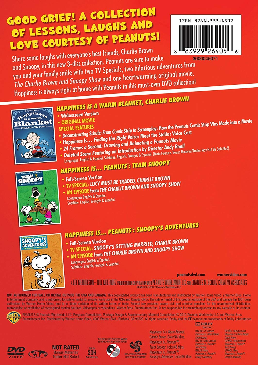 3 PACK OF FUN - HAPPINESS IS PEANUTS - HAPPINESS IS A WARM BLANKET CHARLIE BROWN / TEAM SNOOPY / SNOOPYS ADVENTURES - Imagen 2