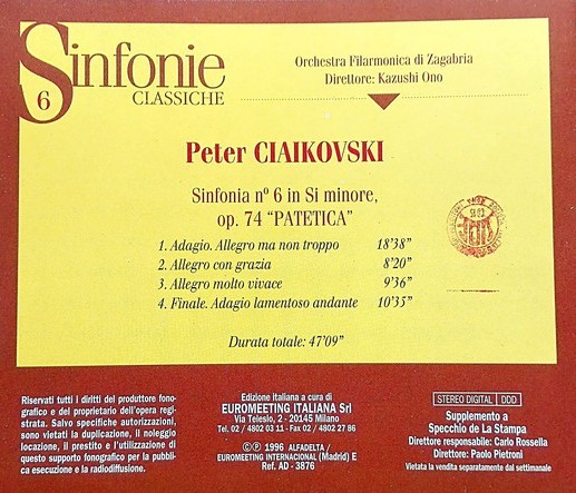 ORCHESTRA FILARMONICA DI ZAGABRIA - KAZUSHI ONO - TCHAIKOVSKY - SINFONIA Nº 6 IN SI MINORE OP 74 PATETICA - Imagen 3
