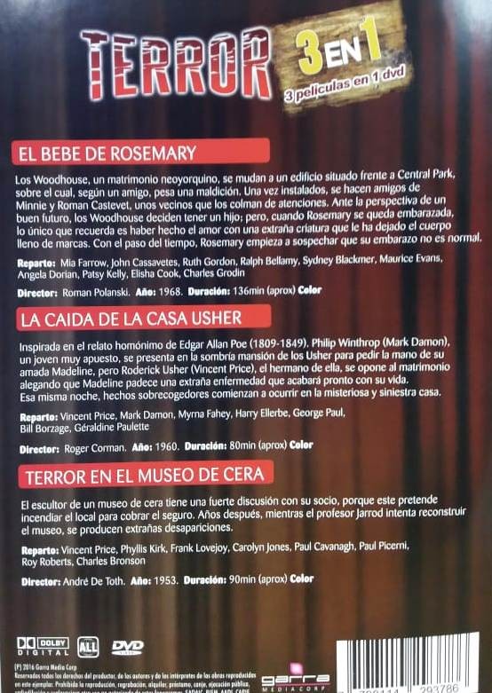 TERROR - EL BEBE DE ROSEMARY / LA CAIDA DE LA CASA USHER / TERROR EN EL MUSEO DE CERA - Imagen 2
