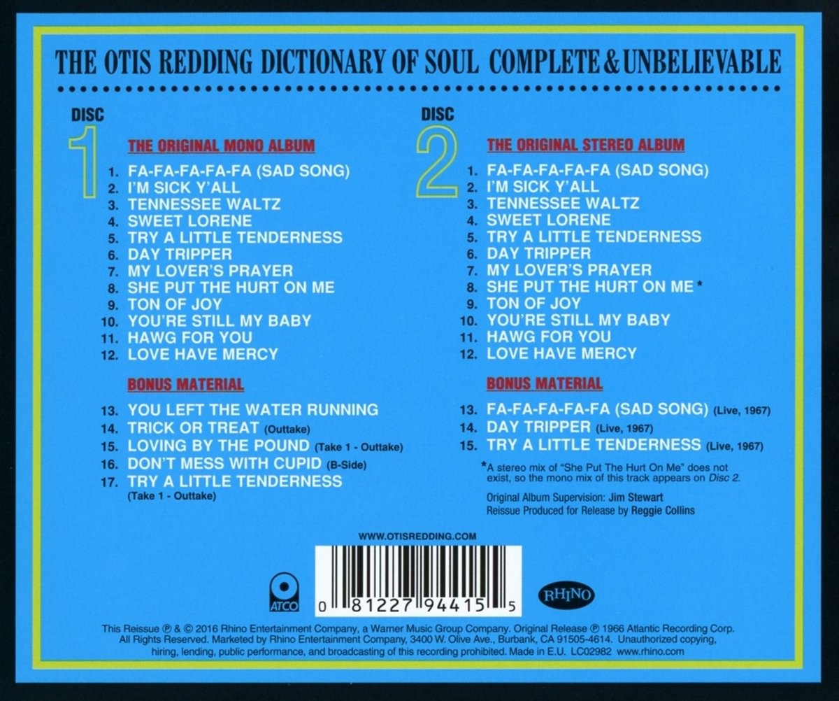 OTIS REDDING - COMPLETE & UNBELIEVABLE - THE OTIS REDDING DICTIONARY OF SOUL - 50th ANNIVERSARRY